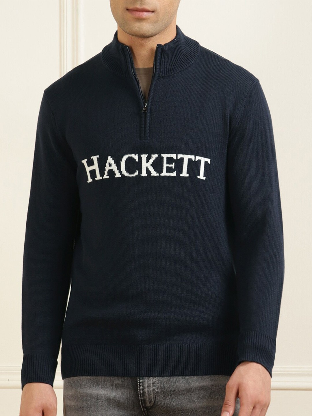 HACKETT LONDON Men Typography Cotton Pullover, Navy blue