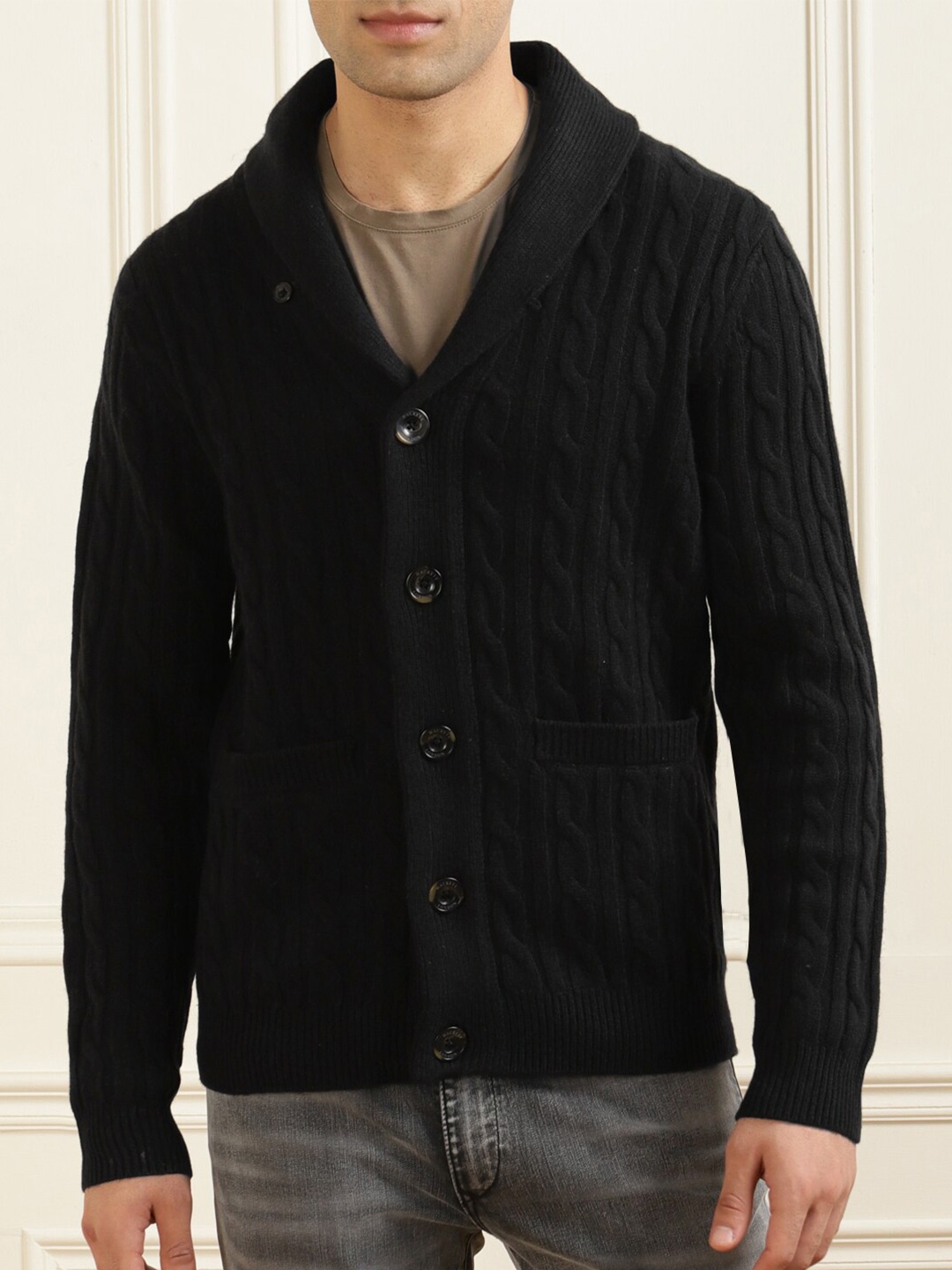 

HACKETT LONDON Men Cable Knit Wool Cardigan, Black