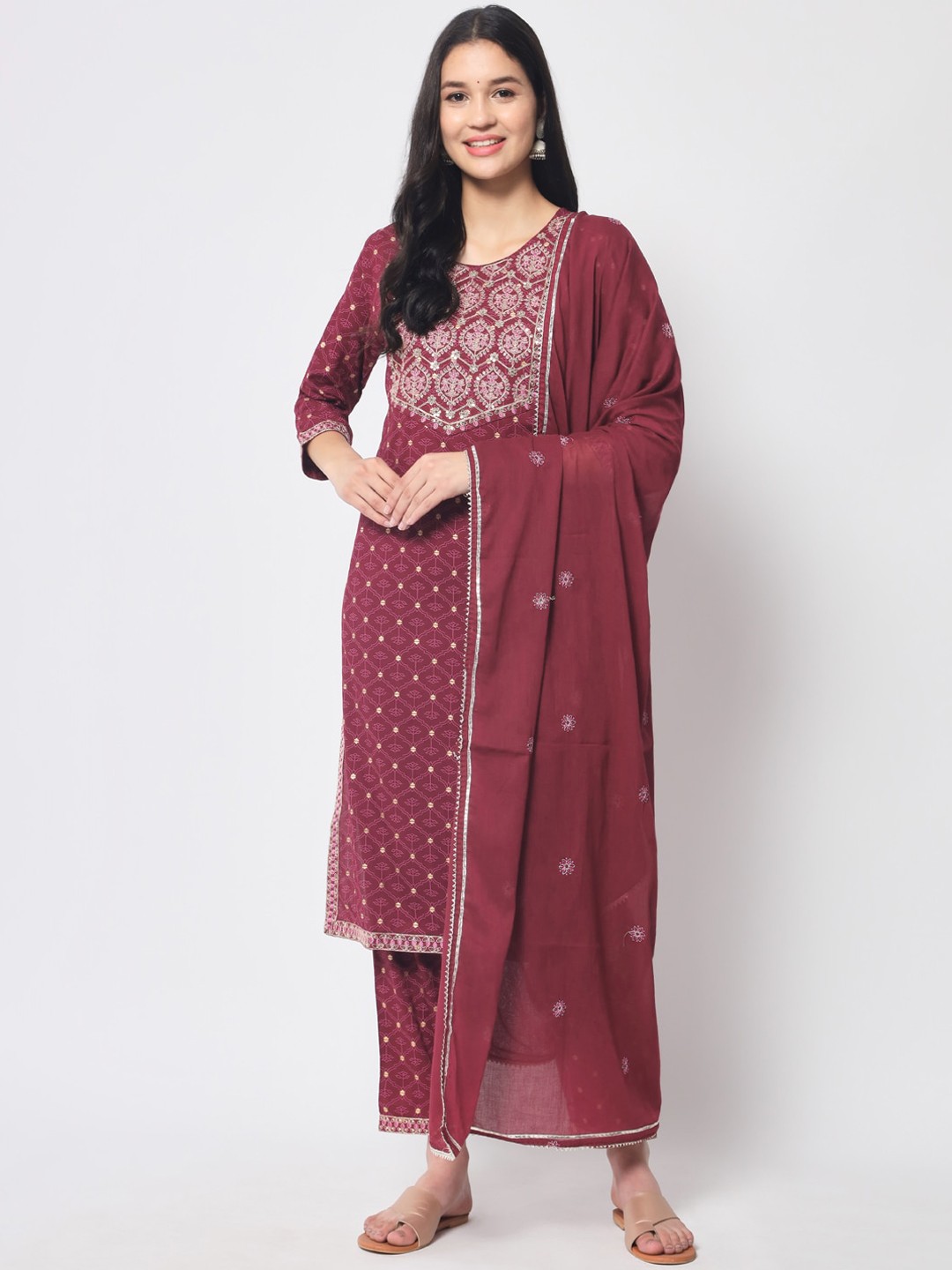 

IkDaiya Floral Embroidered Kurta with Trousers & With Dupatta, Magenta