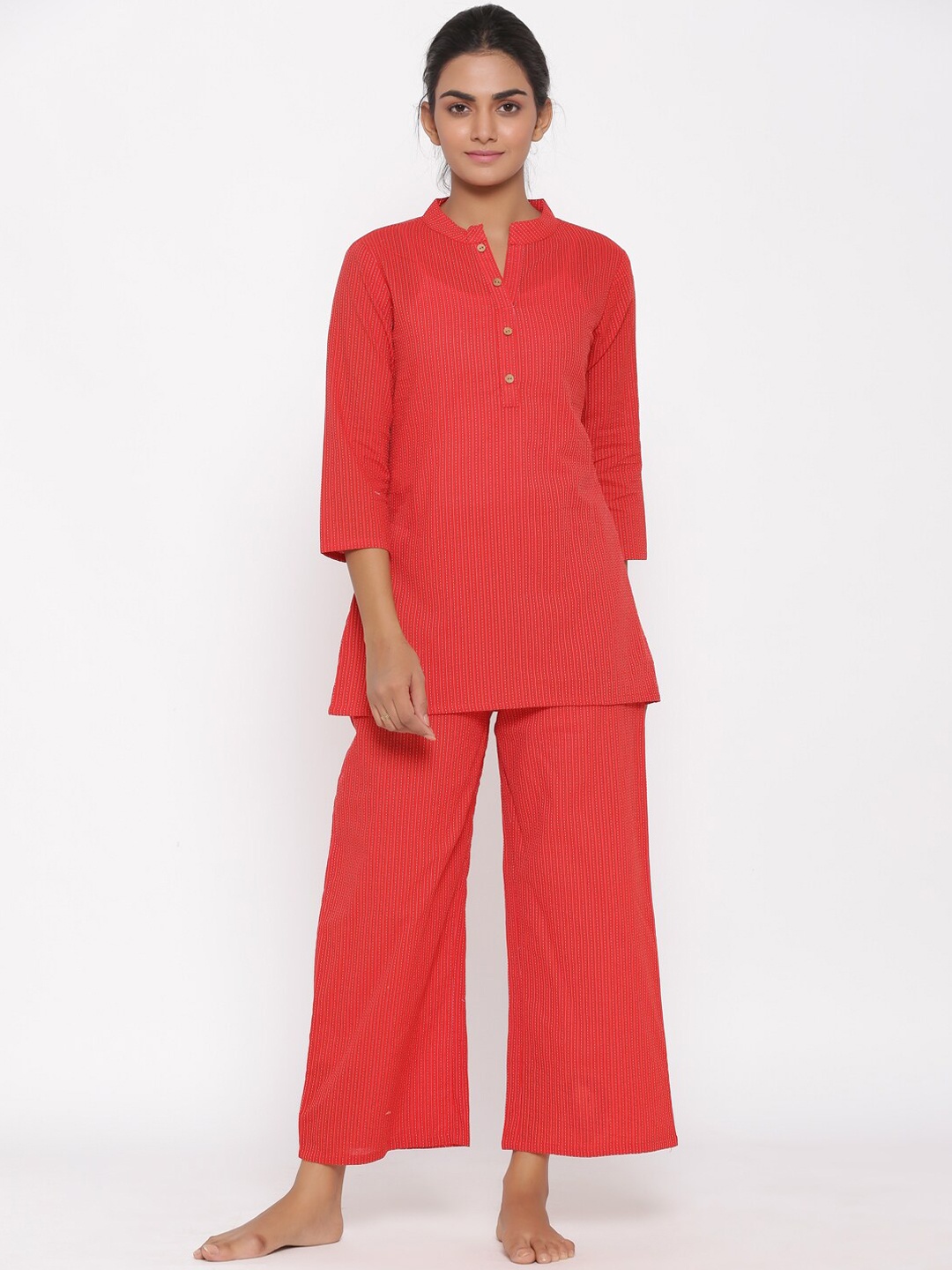 

Fabriko Women Striped Pure Cotton Night suit, Red