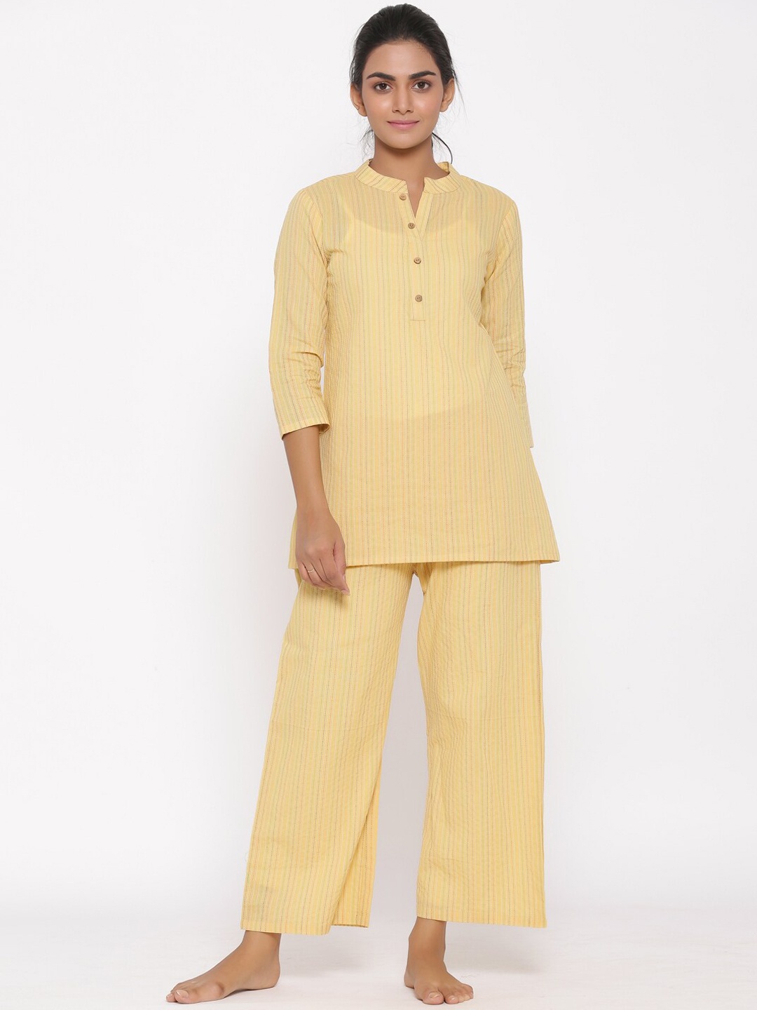 

Fabriko Women Striped Pure Cotton Night suit, Cream