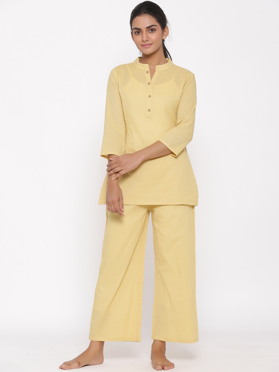 

Fabriko Women Striped Pure Cotton Night suit, Beige