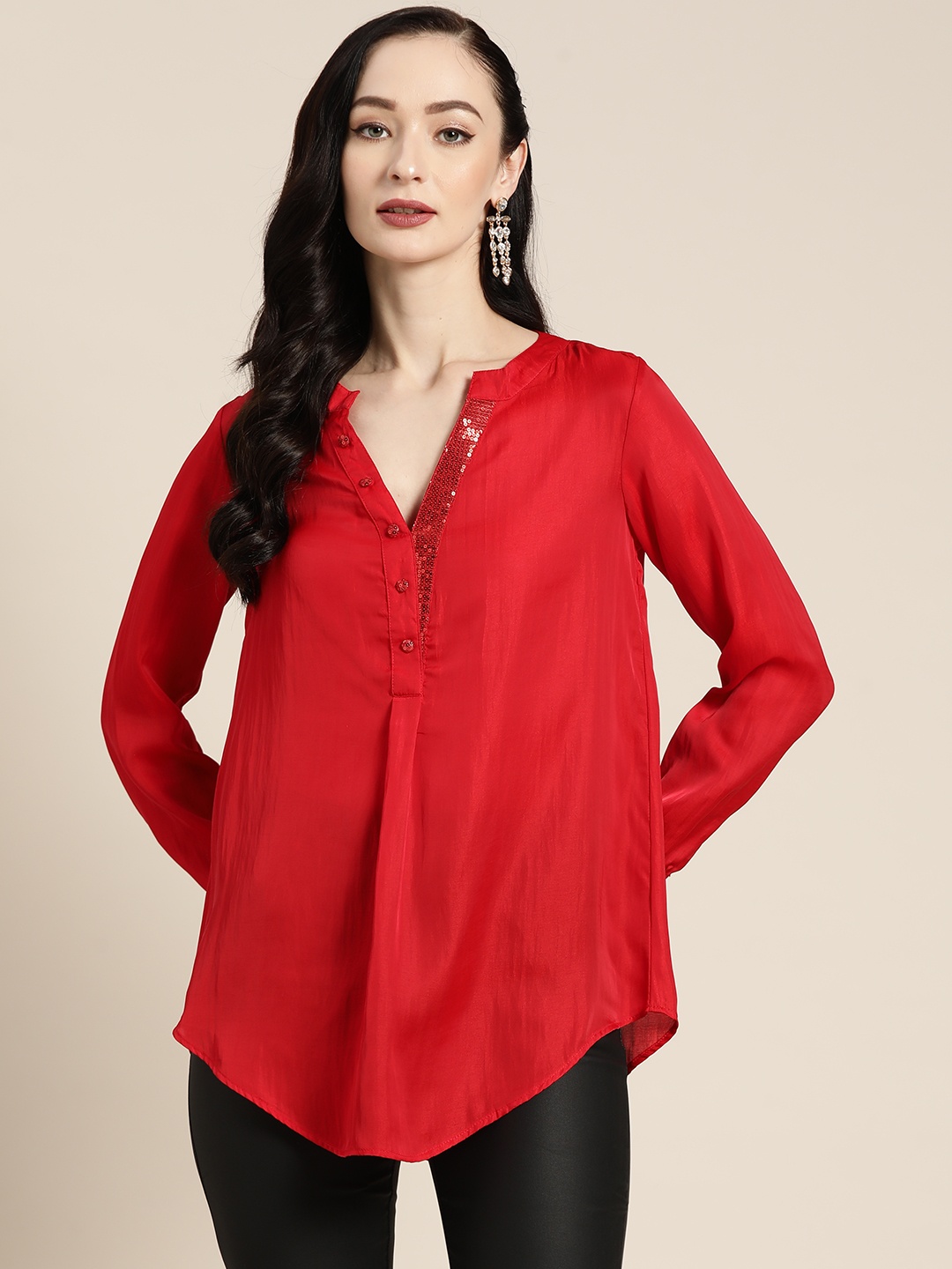 

Qurvii Red Mandarin Collar Top with Half Embellished Placket