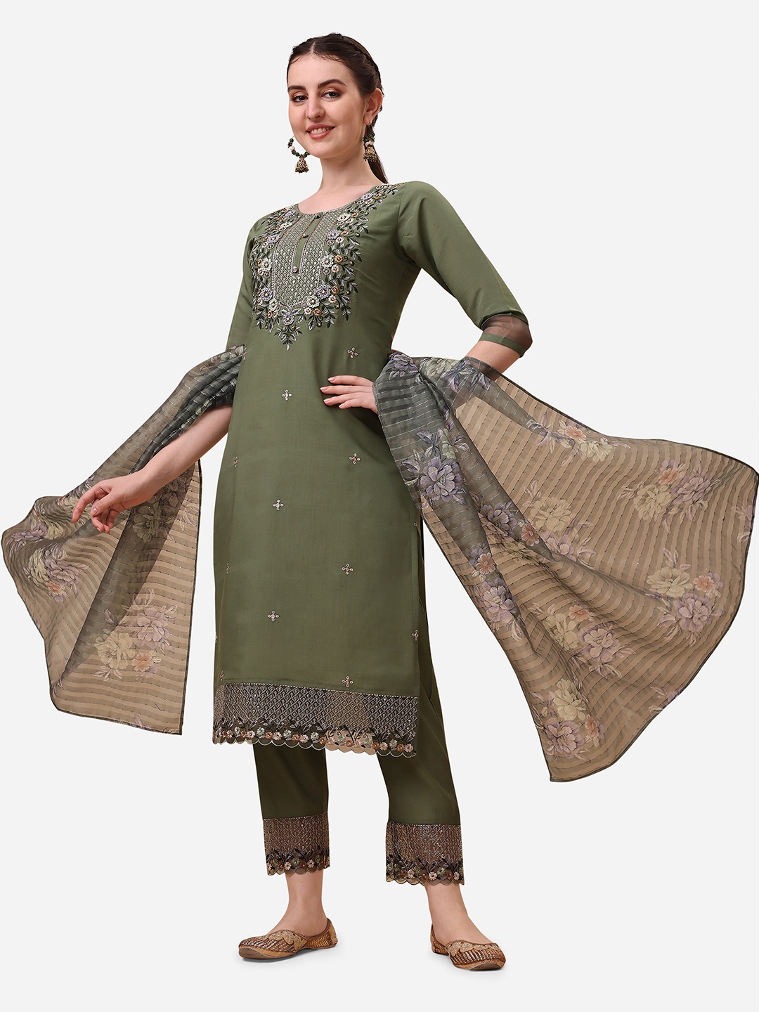 

Berrylicious Women Floral Embroidered Chanderi Cotton Kurta with Trousers & Dupatta, Olive