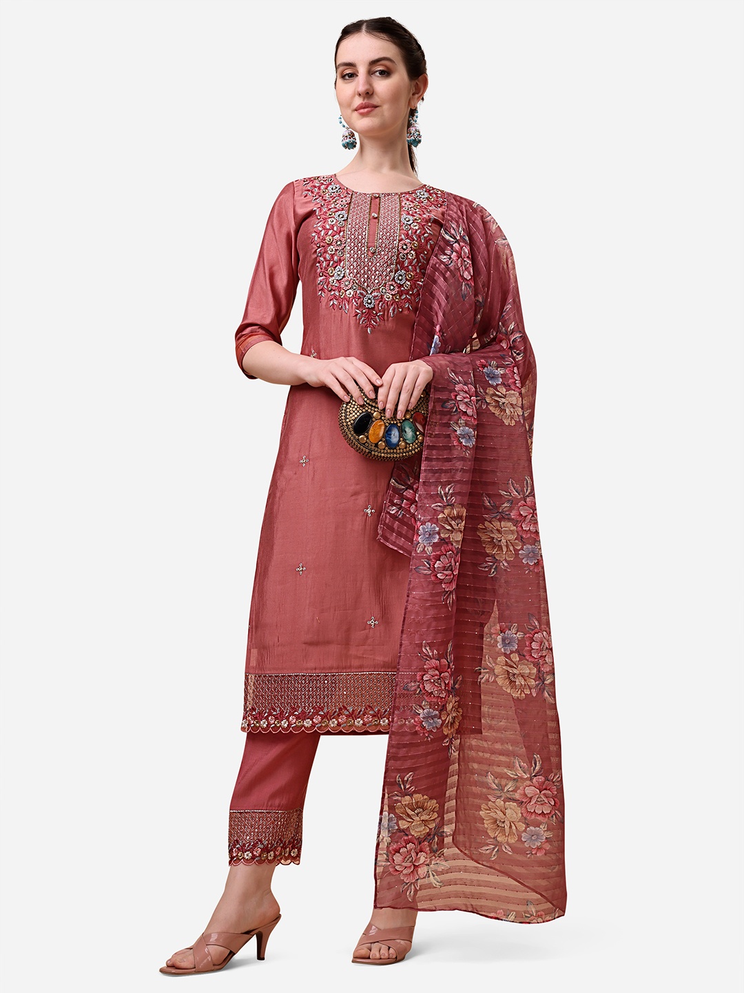 

Berrylicious Women Floral Embroidered Chanderi Cotton Kurta with Trousers & Dupatta, Maroon