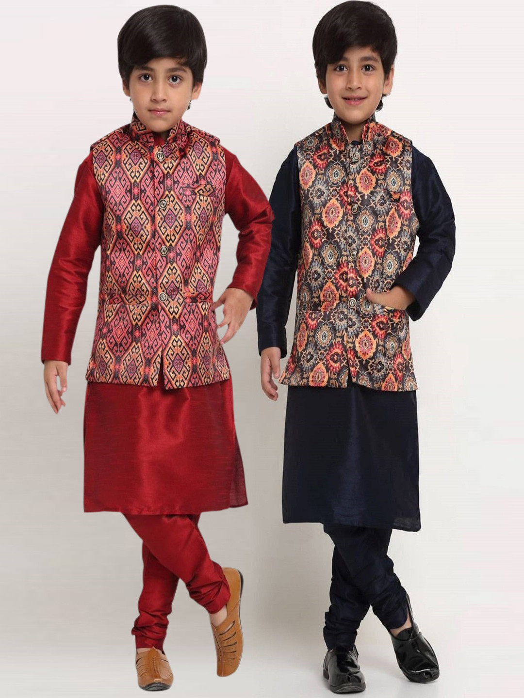 

Benstoke Boys Pack Of 2 Kurtas With Churidar & Printed Nehru Jacket, Maroon