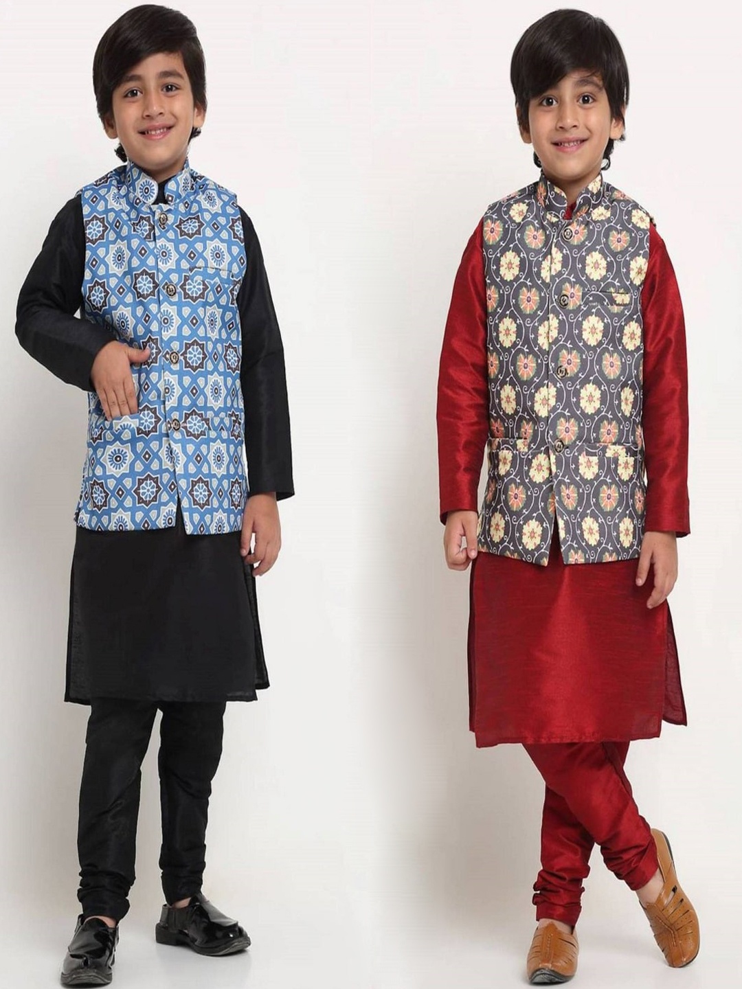 

Benstoke Boys Pack Of 2 Kurtas With Churidar & Printed Nehru Jacket, Black