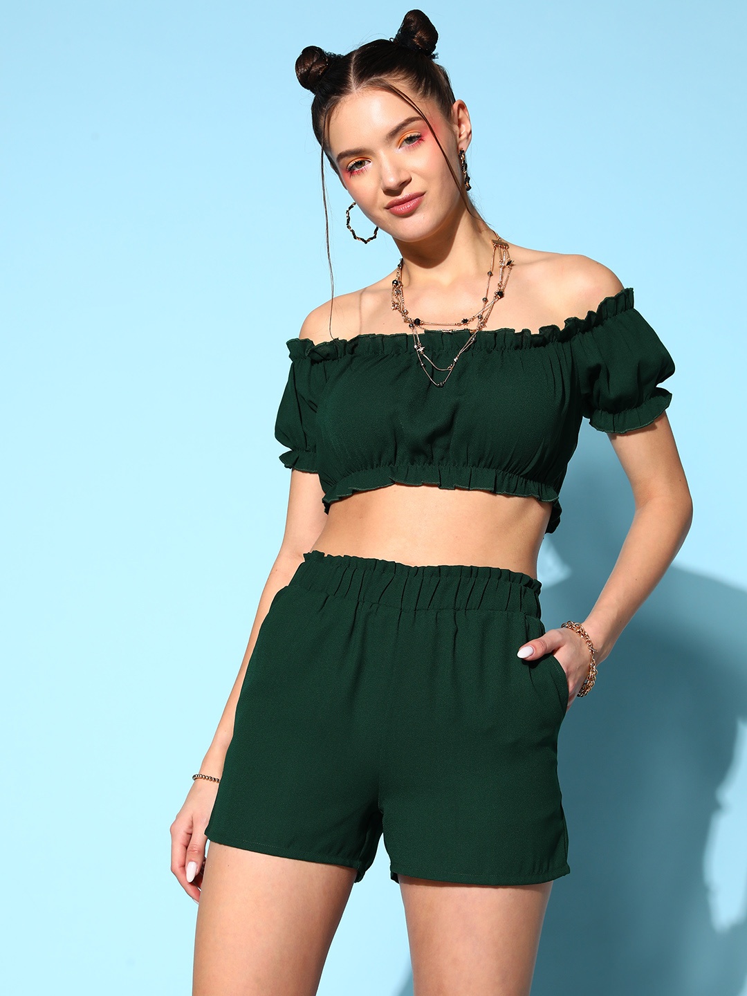 

Berrylush BASICS Women Green Solid Off Shoulder Top & Shorts Co-Ords Sets