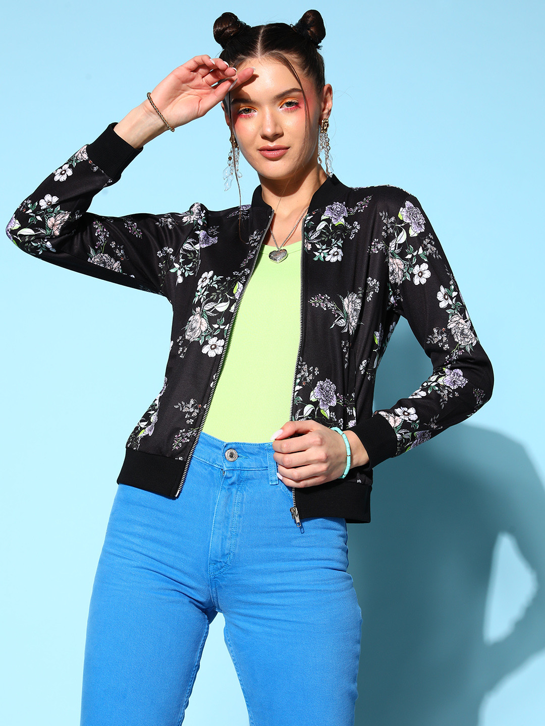 

Berrylush Women Black Floral Bomber Jacket