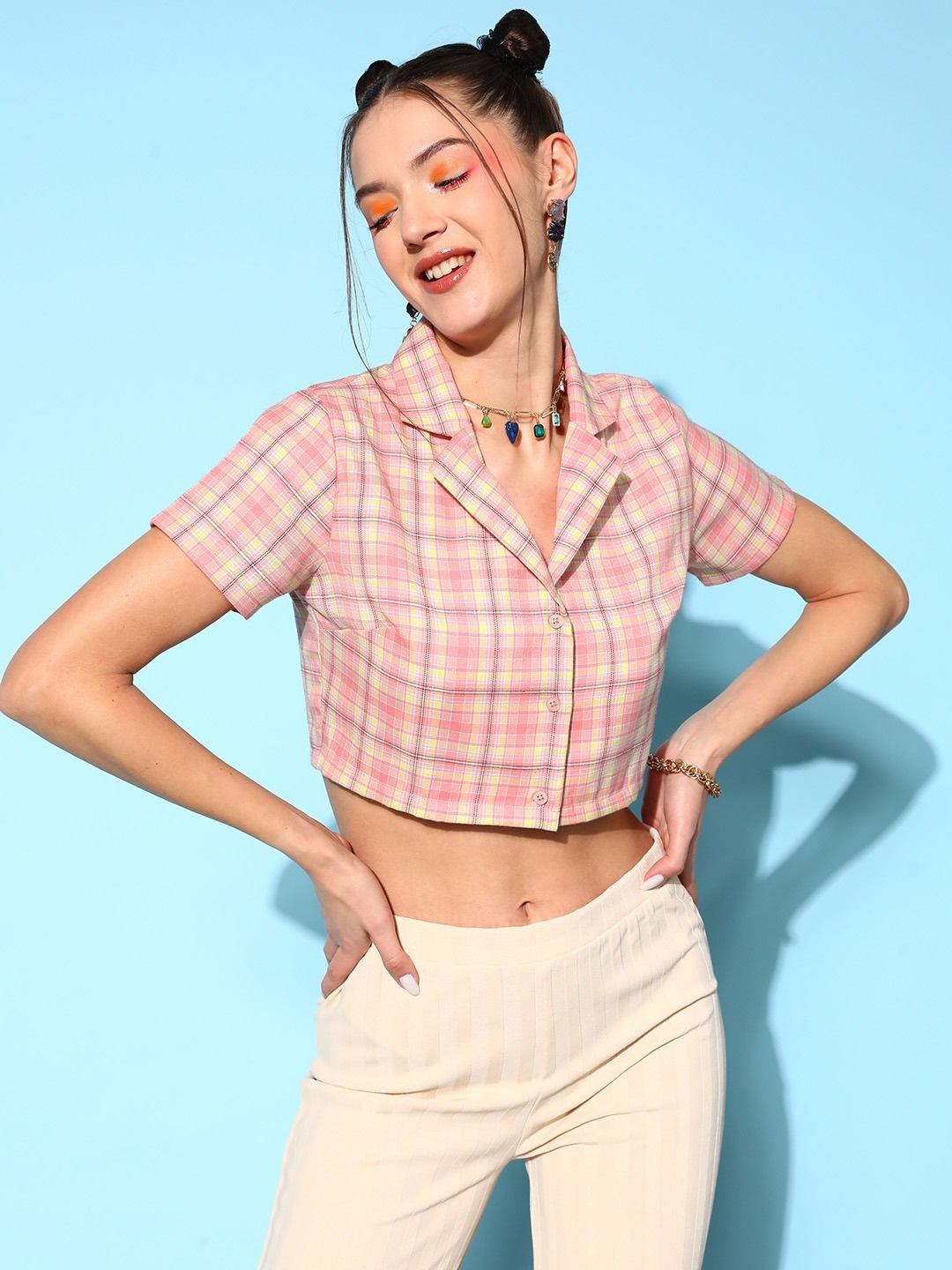 

Berrylush Pink Gingham Checks Casual Shirt