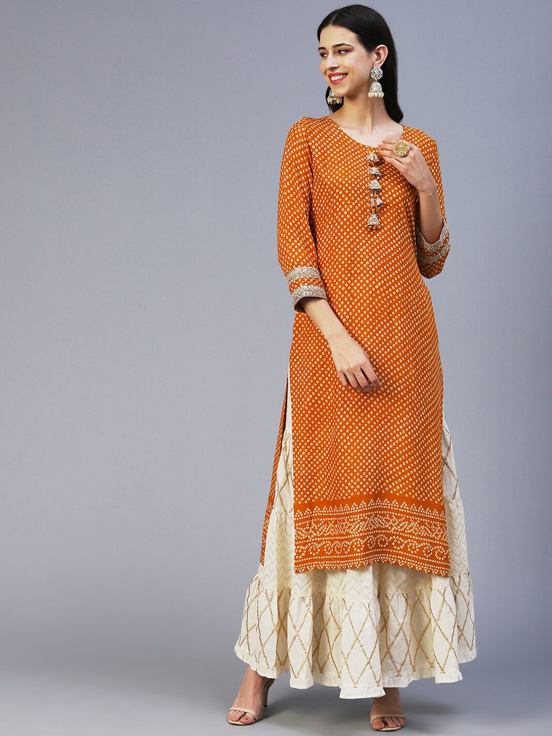 

FASHOR Scoop Neck Bandhani Printed Kurta, Mustard