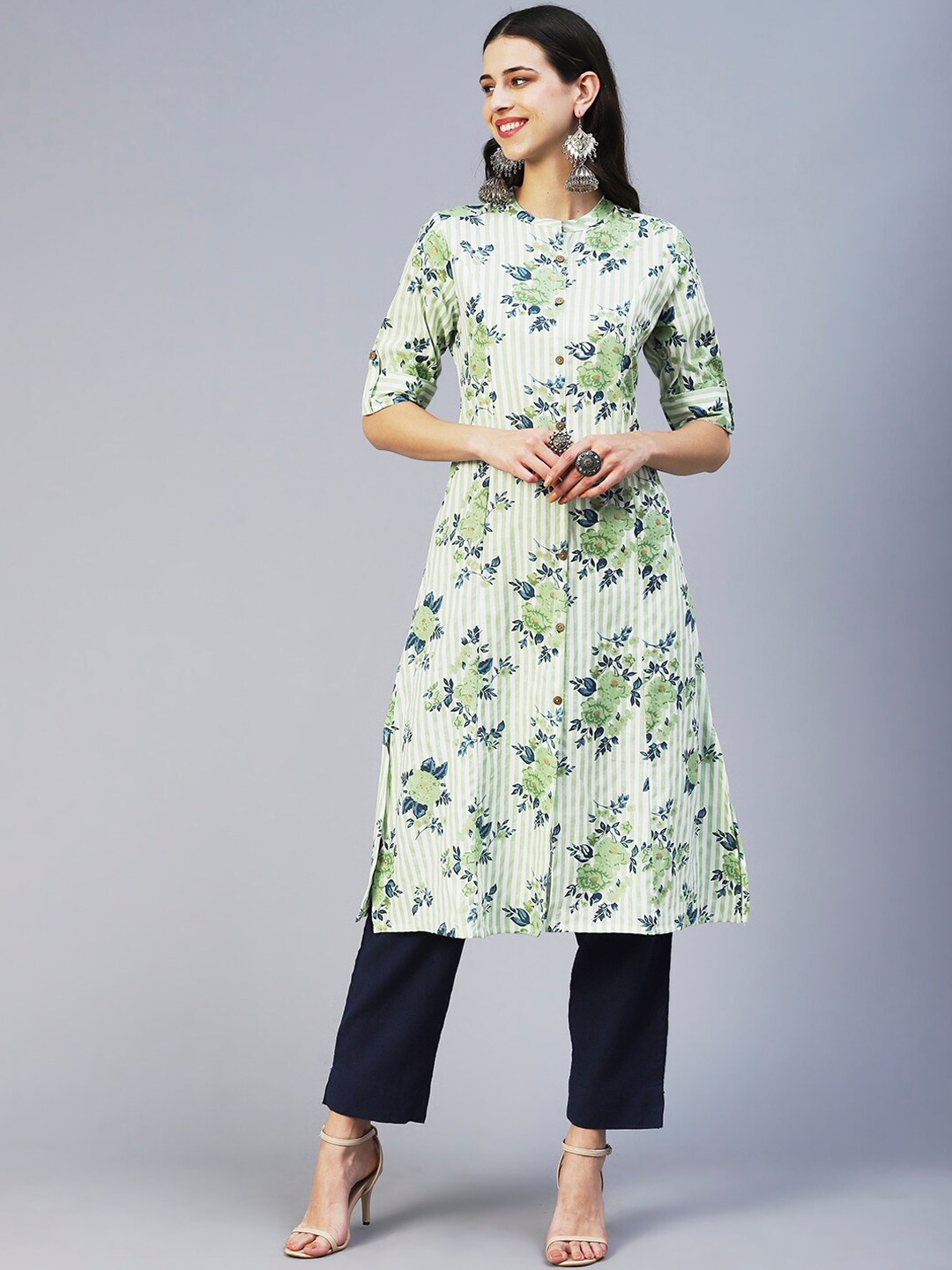 

FASHOR Floral Printed A-Line Regular Fit Cotton Kurta, Green