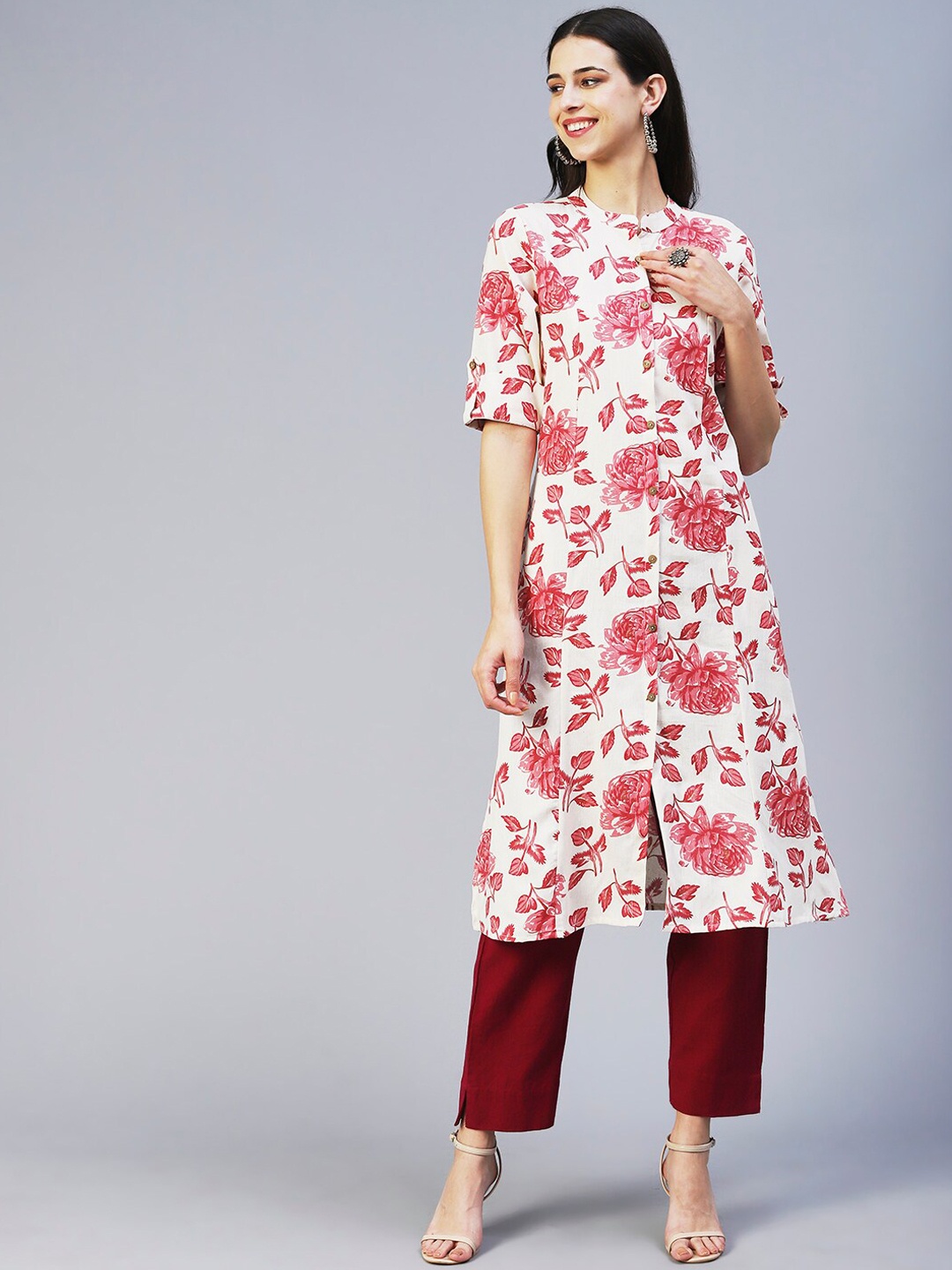 

FASHOR Mandarin Collar Floral Printed A-Line Cotton Kurta, Red