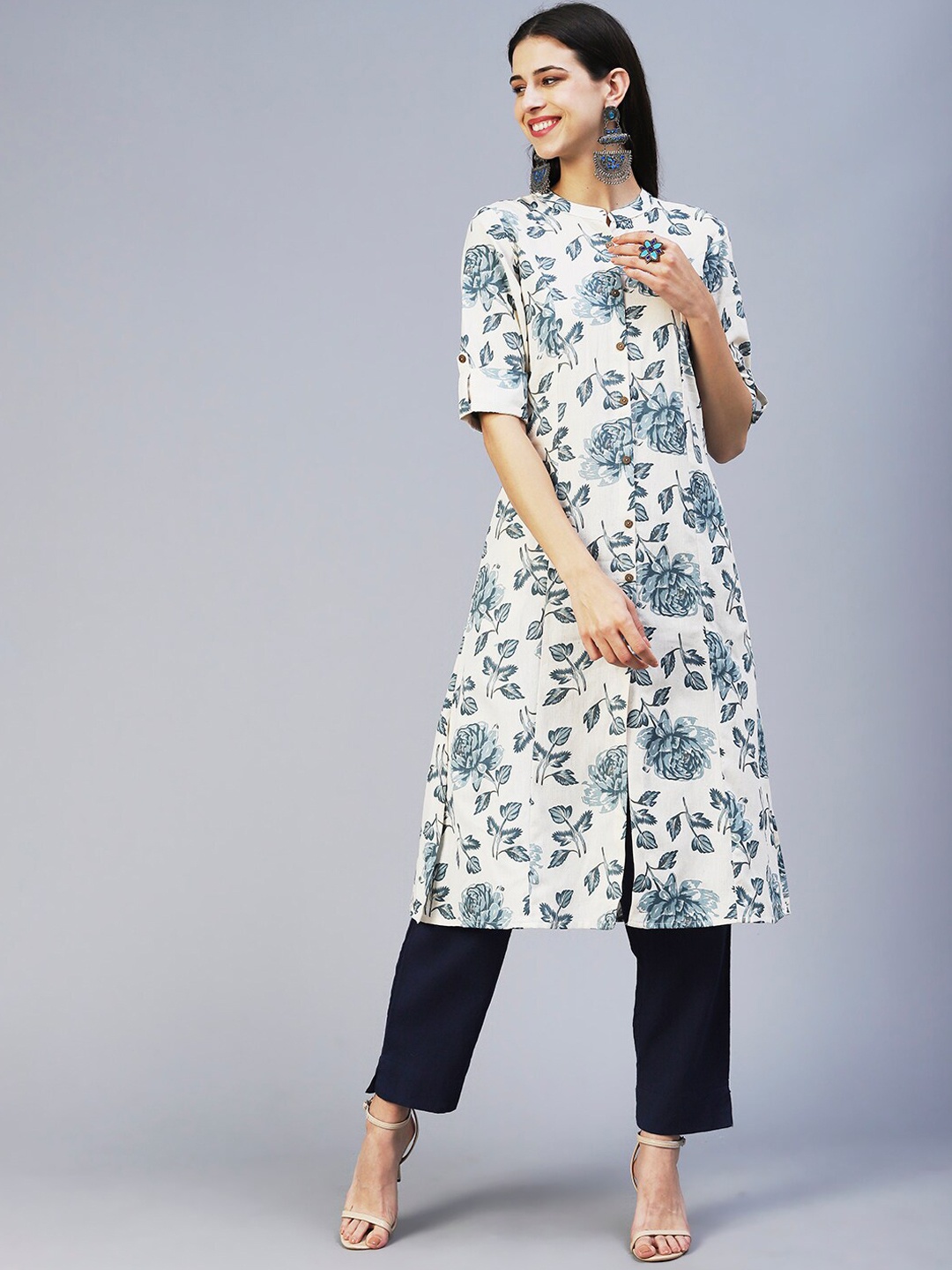 

FASHOR Mandarin Collar Floral Printed Cotton Kurta, Teal