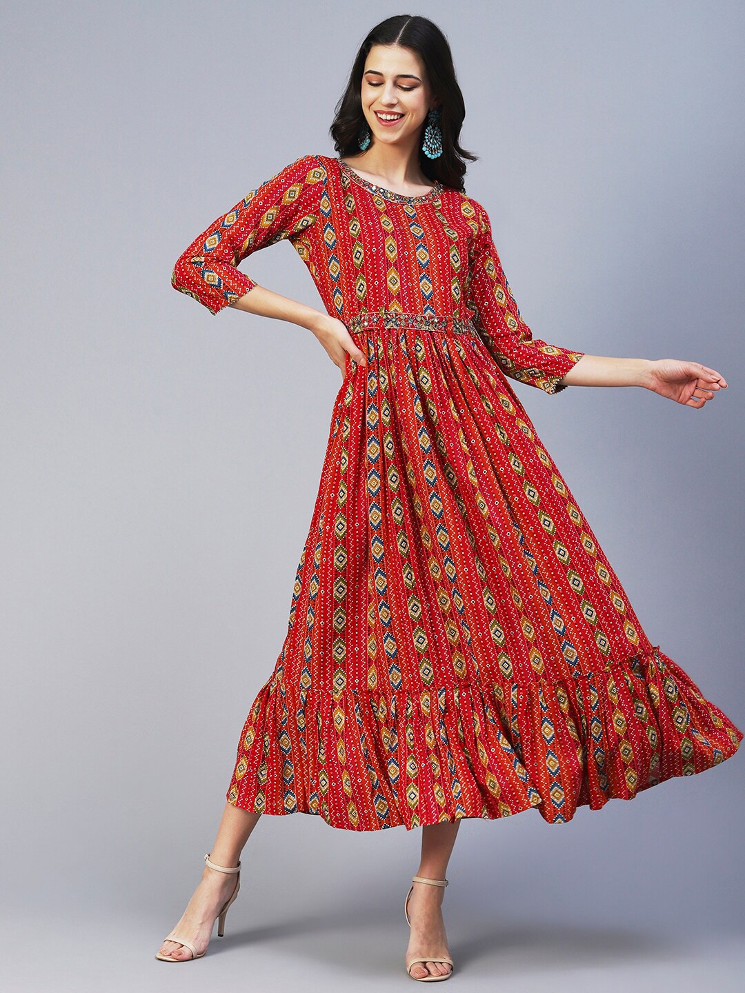 

FASHOR Ethnic Printed Flounce Fit & Flare Dress, Red