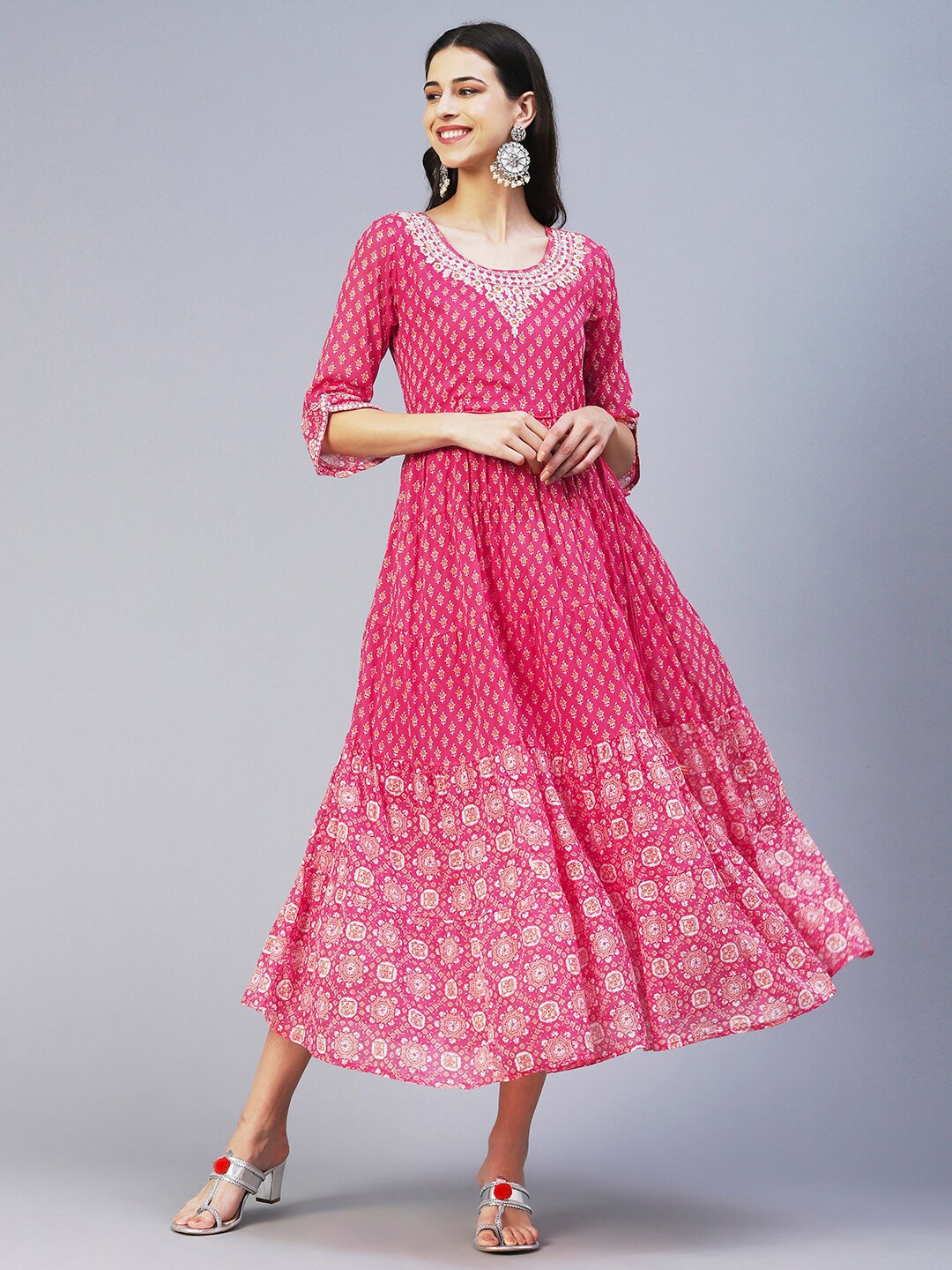 

FASHOR Printed Ethnic Motifs Cotton Midi Dress, Pink