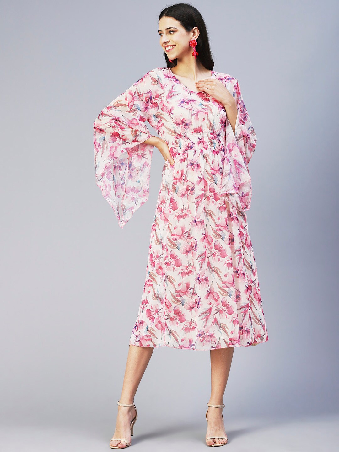 

FASHOR Floral Printed A-Line Midi Dress, Pink
