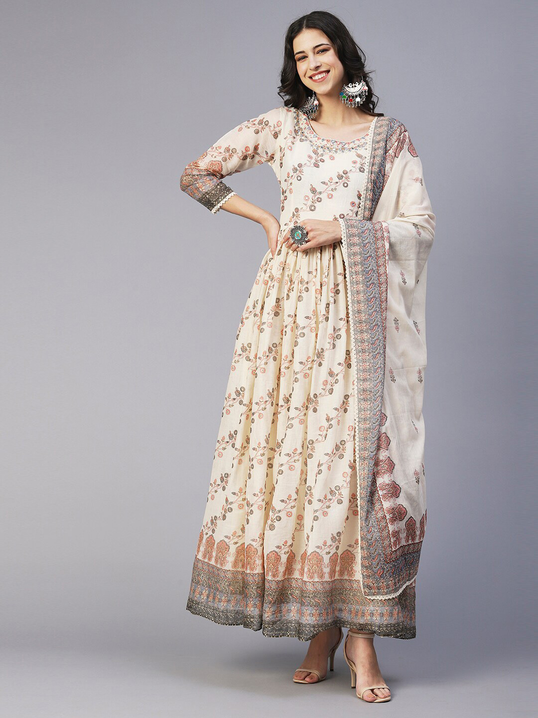 

FASHOR Floral Printed Maxi Cotton Fit & Flare Ethnic Dress With Dupatta, Off white