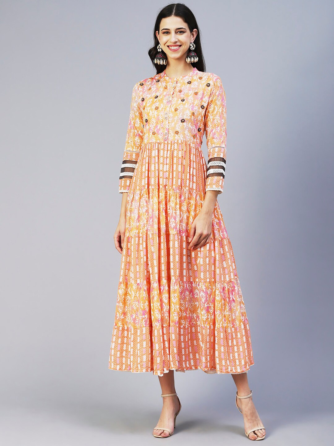 

FASHOR Printed Ethnic A-Line Cotton Midi Dress, Orange