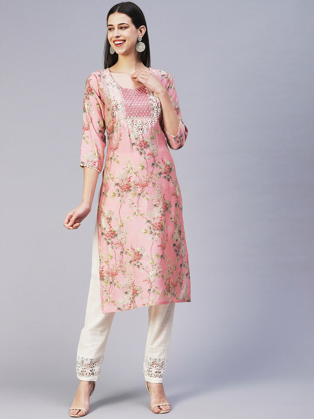 

FASHOR Floral Printed Mirror Work Straight Regular Kurta, Rose