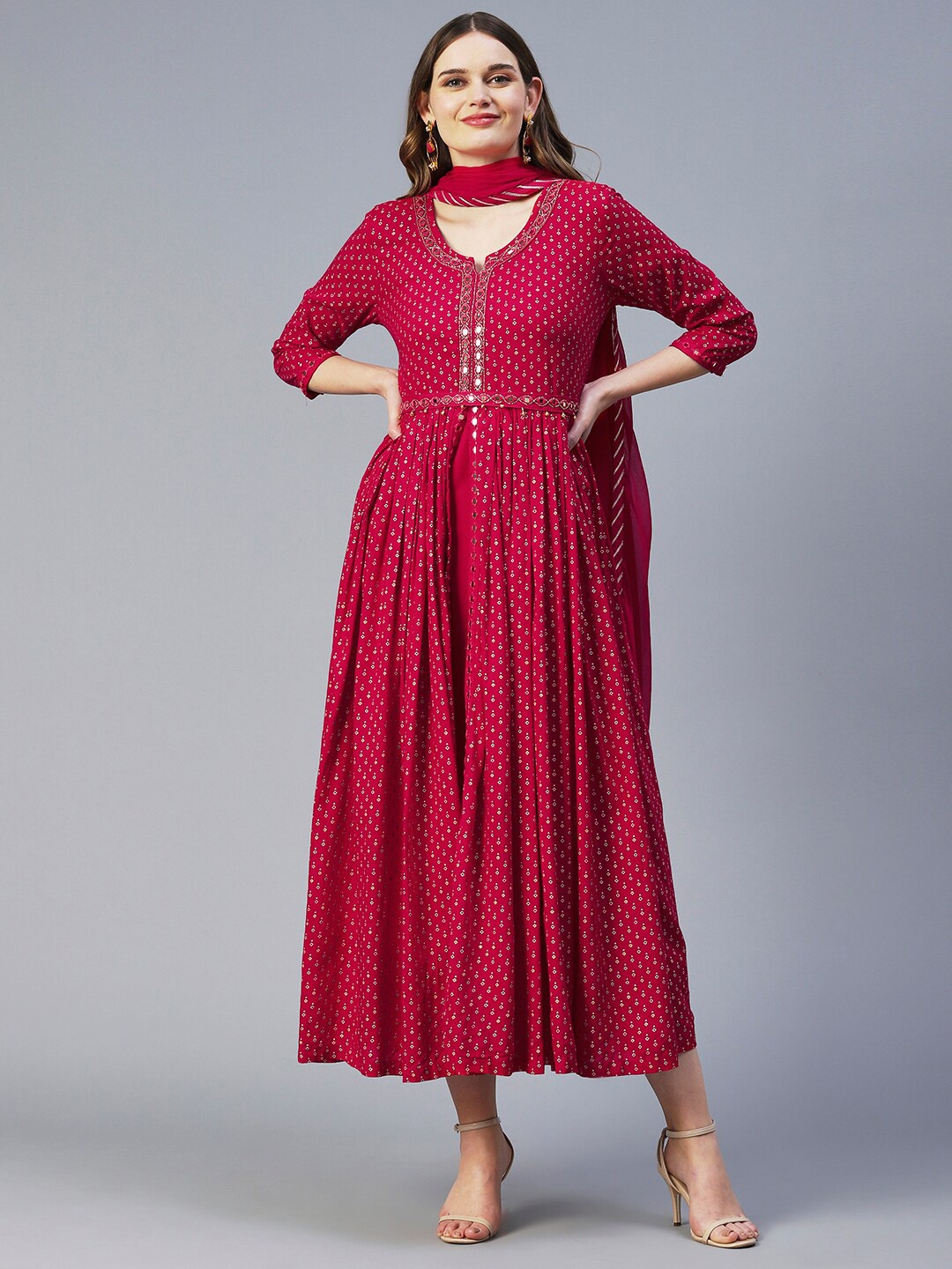 

FASHOR Ethnic Motifs Printed Cotton Fit & Flare Ethnic Dress, Magenta