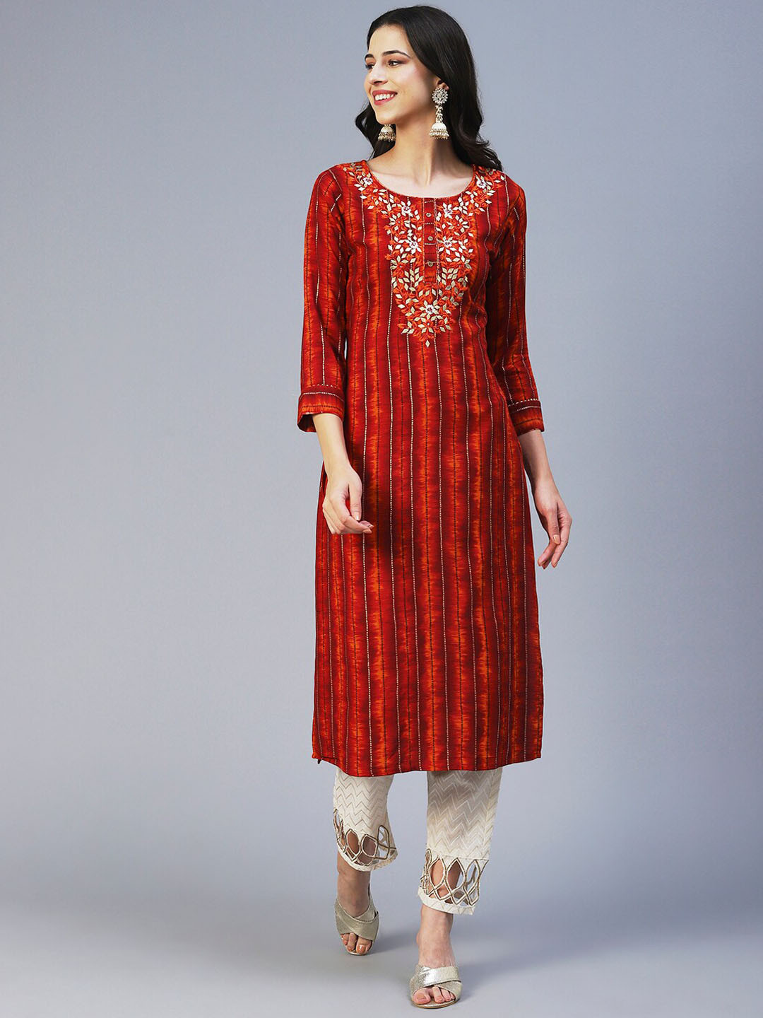 

FASHOR Striped Printed Kurta, Rust