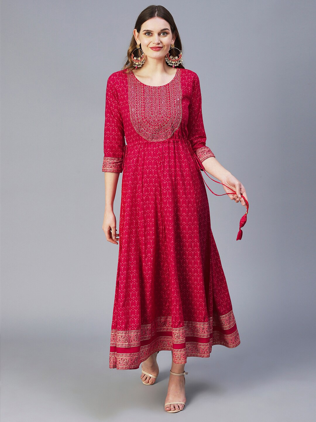 

FASHOR Magenta Ethnic Motifs Cotton Maxi Dress