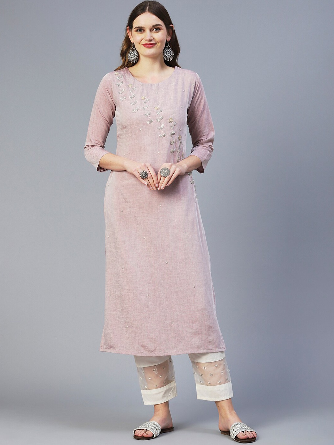 

FASHOR Floral Embellished Zardozi Silk Kurta, Rust