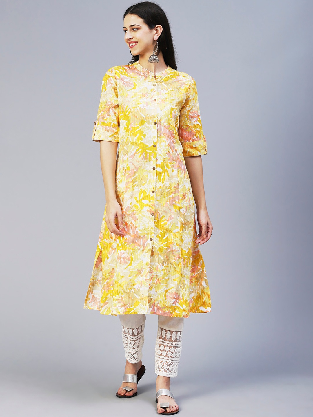 

FASHOR Mandarin Collar Abstract Printed Cotton Kurta, Yellow