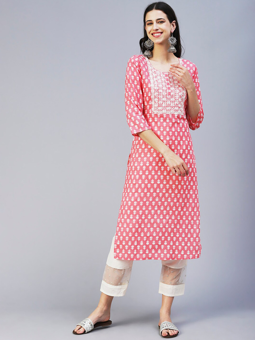 

FASHOR Geometric Printed Cotton Kurta, Peach