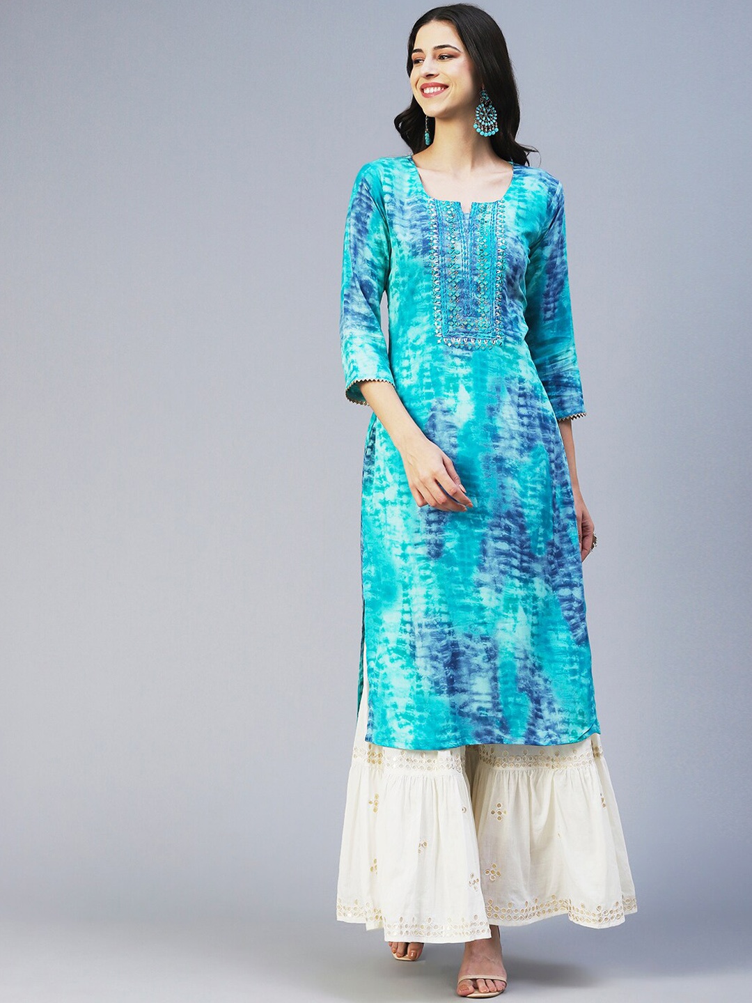 

FASHOR Women Dyed Kurta, Turquoise blue