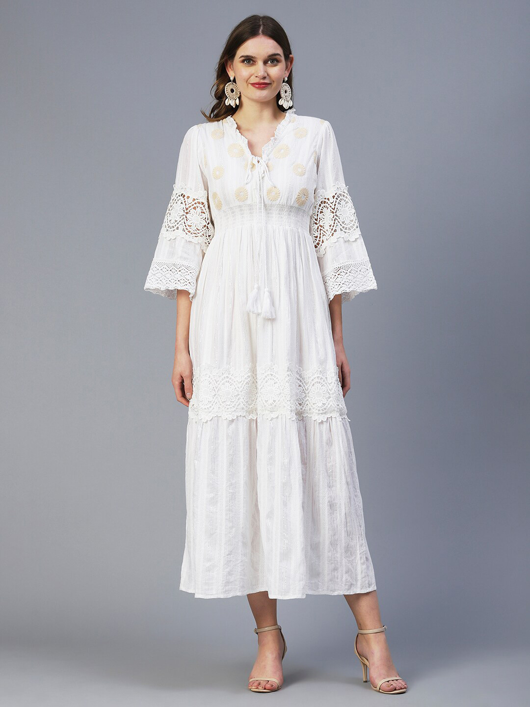 

FASHOR White Floral Embroidered Tie-Up Neck A-Line Cotton Dress