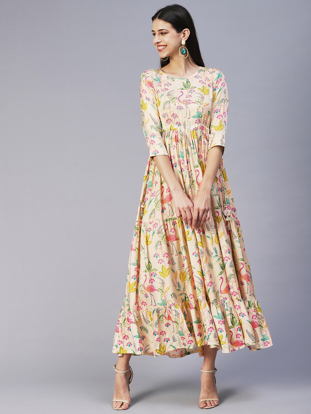 

FASHOR Floral Printed A-Line Midi Silk Dress, Cream