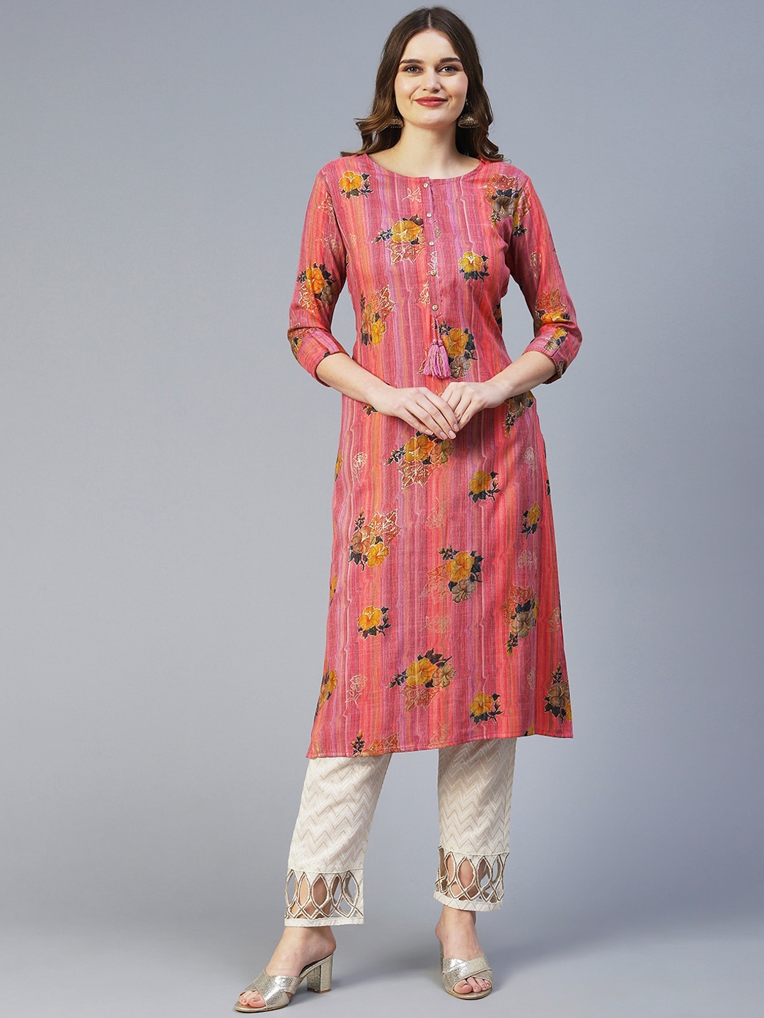 

FASHOR Women Floral Printed Kurta, Pink
