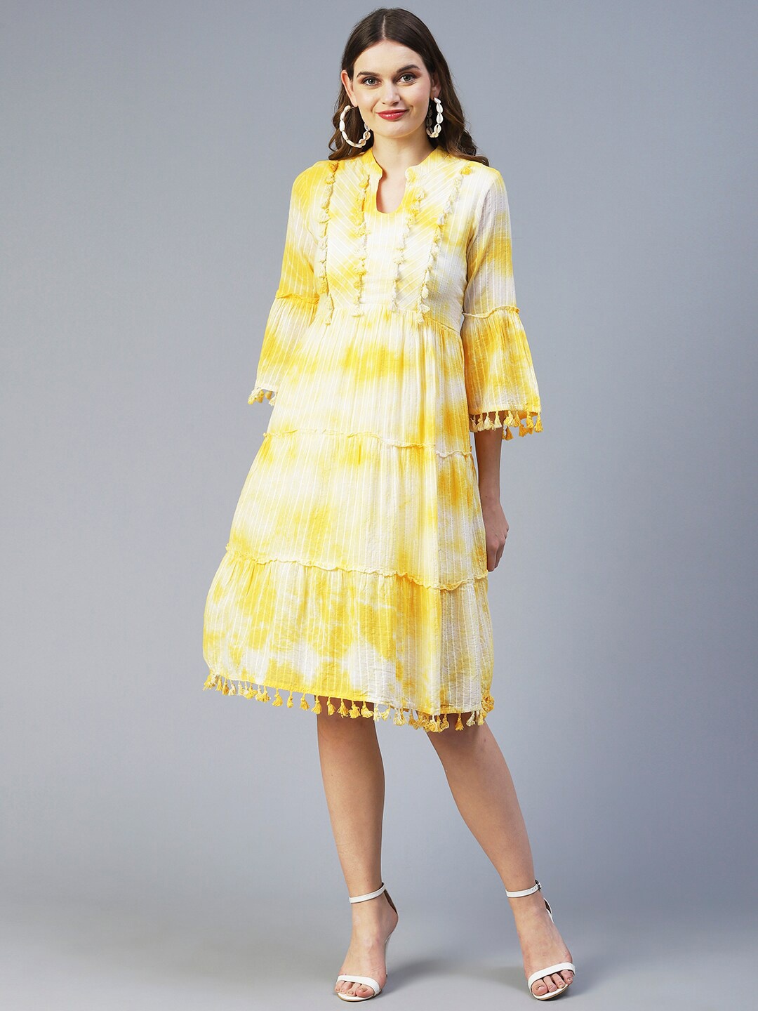 

FASHOR Floral Printed A-Line Cotton Dress, Yellow