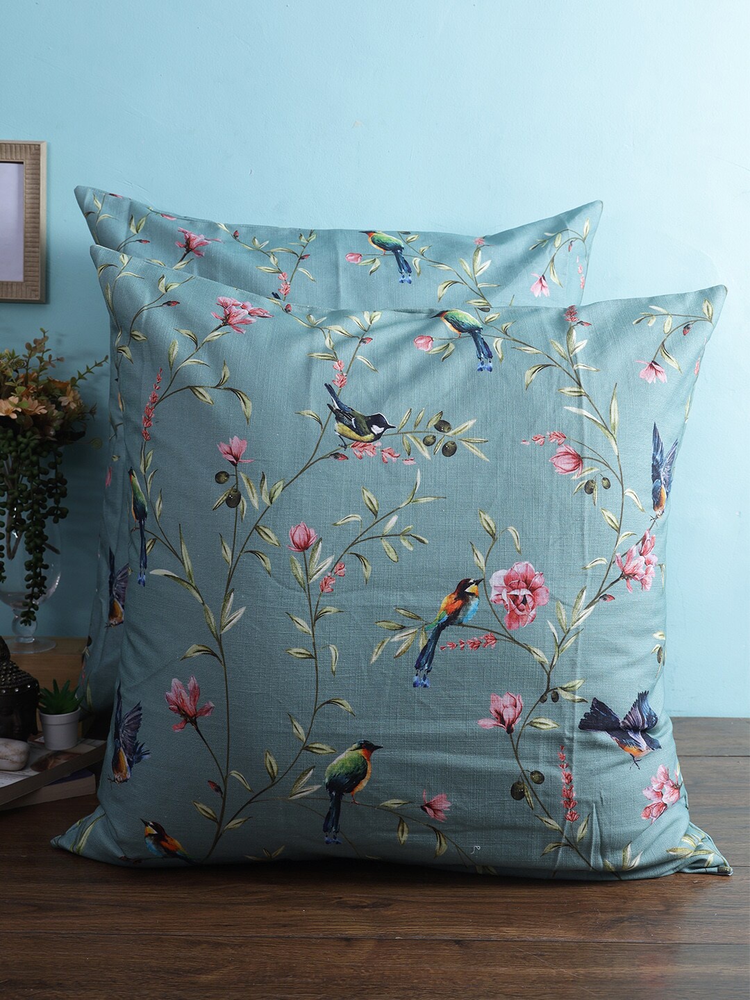 

HOME AFFAIRS Green & Blue Set of 2 Floral Cotton Square Cushion Covers