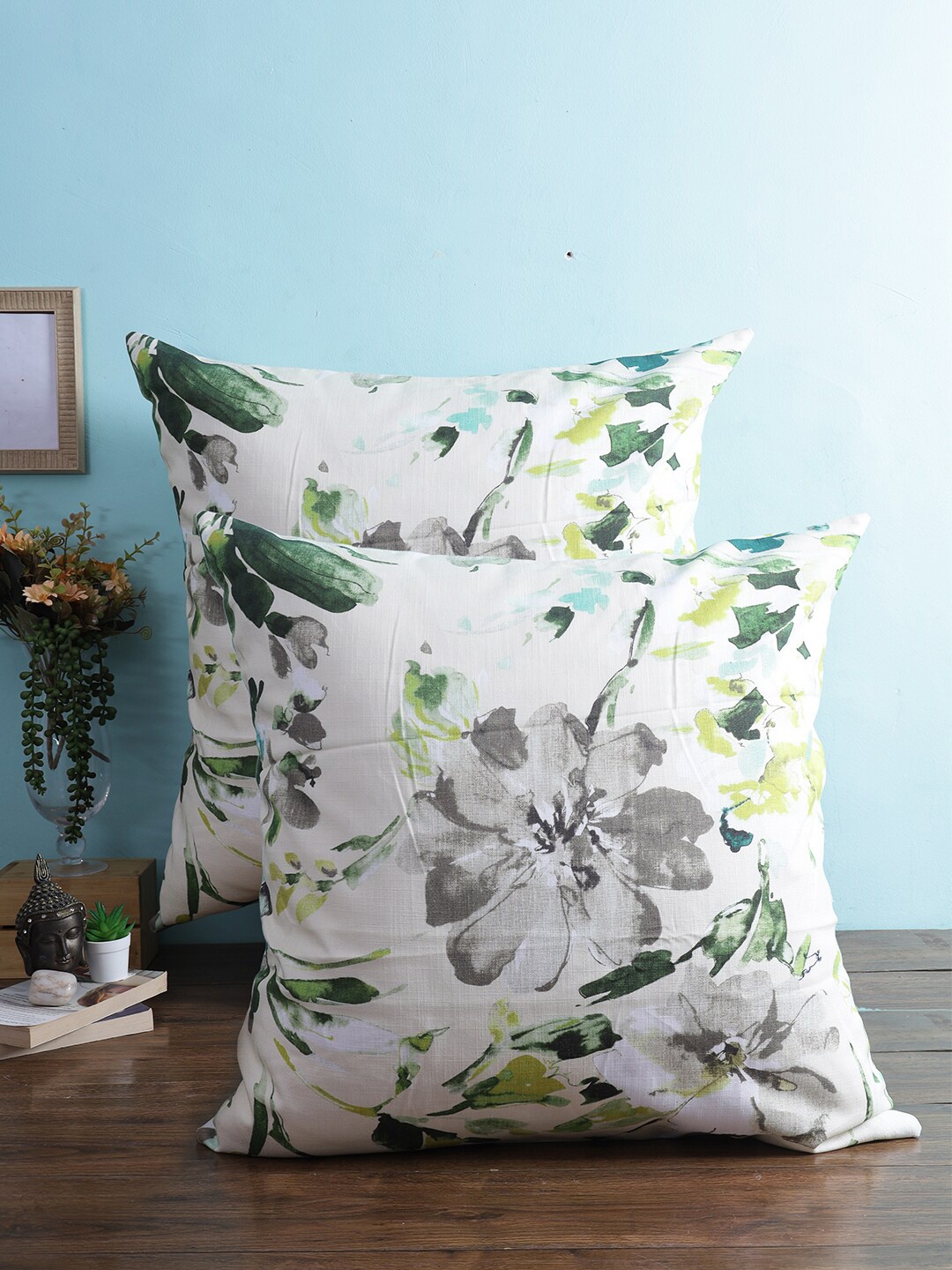 

HOME AFFAIRS White & Green Set of 2 Floral Square Cushion Covers