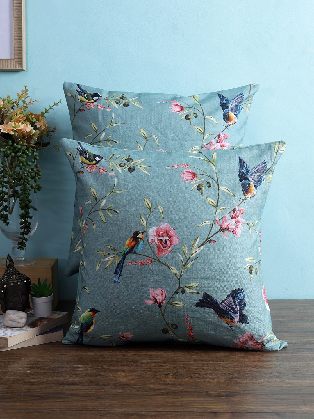 

HOME AFFAIRS Blue & Green Set of 2 Ethnic Motifs Cotton Square Cushion Covers