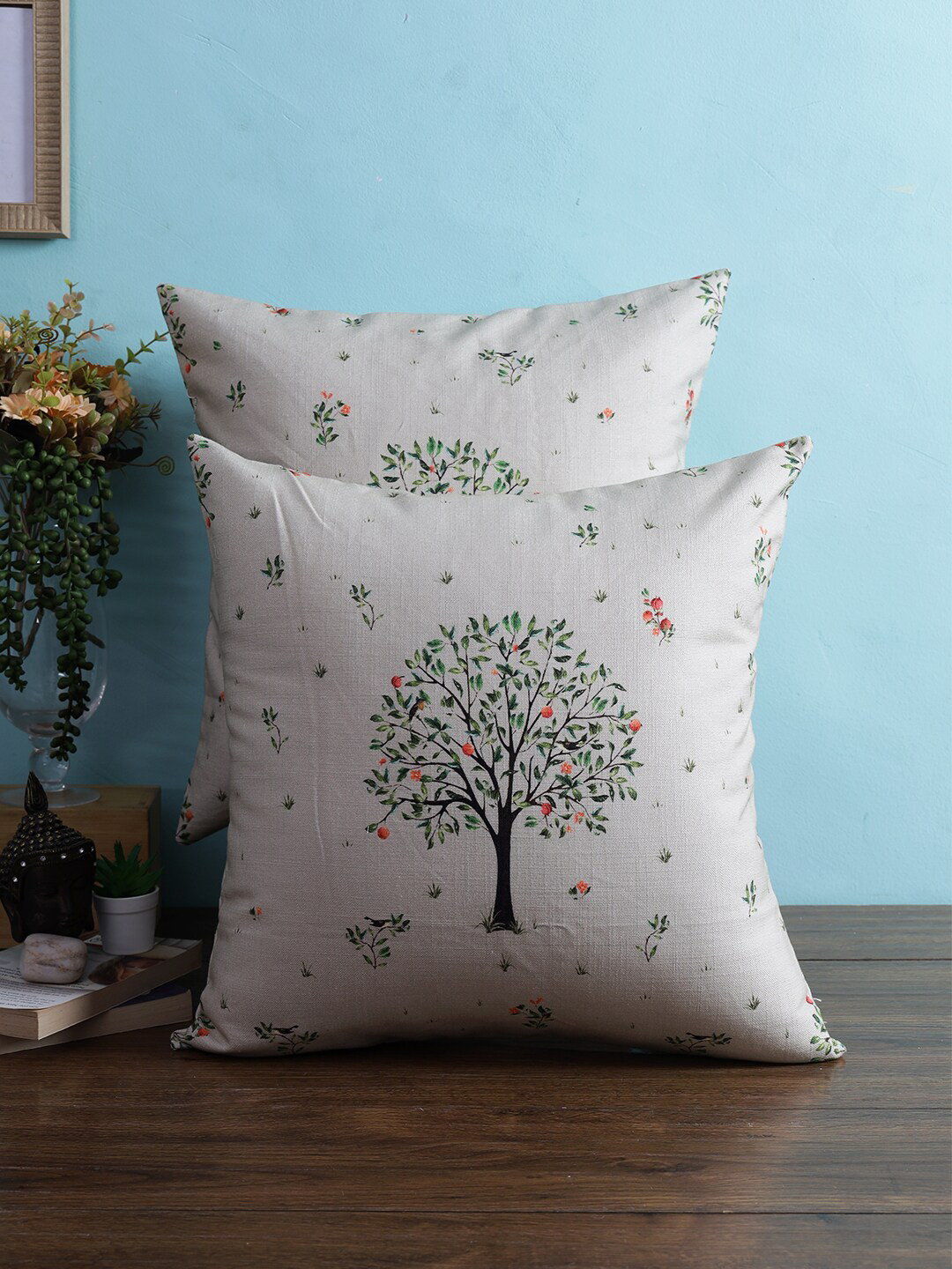 

HOME AFFAIRS White & Green Set of 2 Ethnic Motifs Pure Cotton Square Cushion Covers