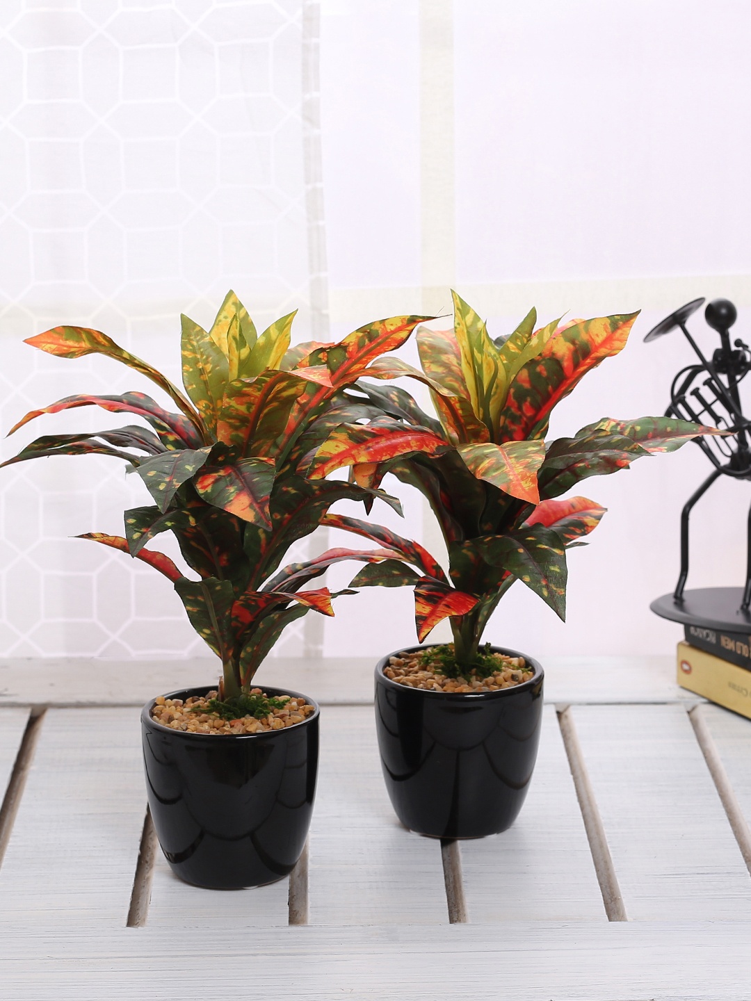 

Fourwalls Set Of 2 Green & Yellow Artificial Croton Bonsai Plants With Ceramic Pot, Black