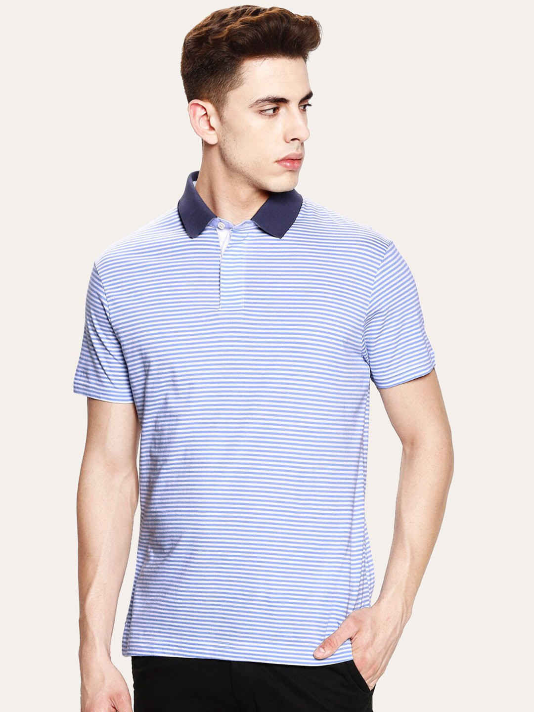 

HACKETT LONDON Men Striped Polo Collar Pure Cotton T-shirt, Blue