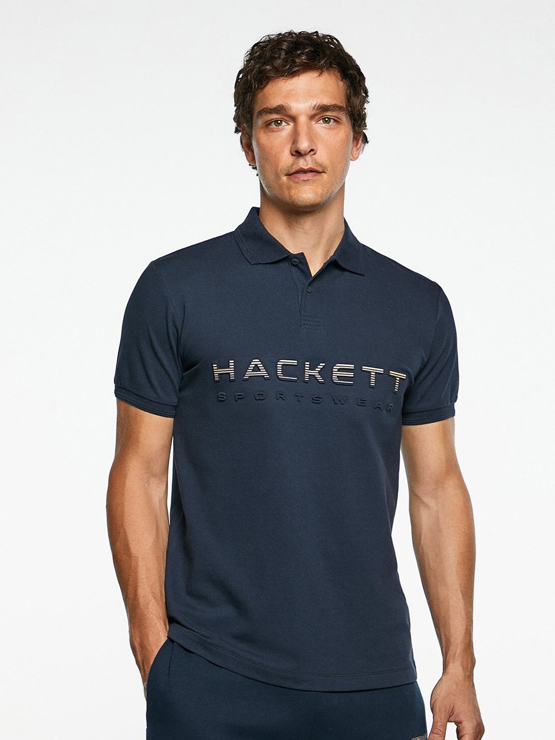 

HACKETT LONDON Men Cotton Typography Printed Polo Collar T-shirt, Navy blue