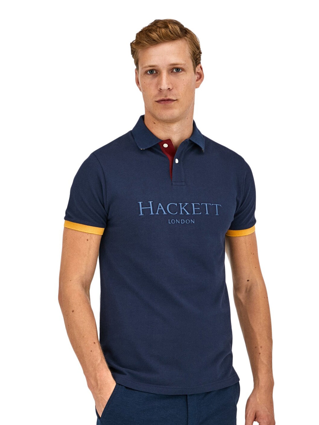 

HACKETT LONDON Men Cotton Typography Printed Polo Collar T-shirt, Navy blue