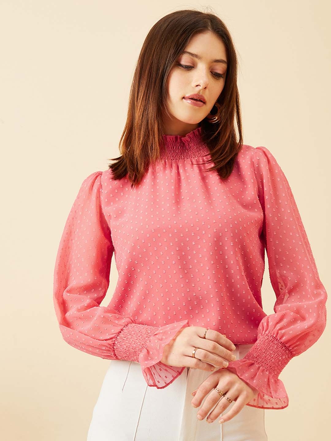 

Berrylush Women Solid Bishop Sleeves Ruffles Georgette Top, Pink