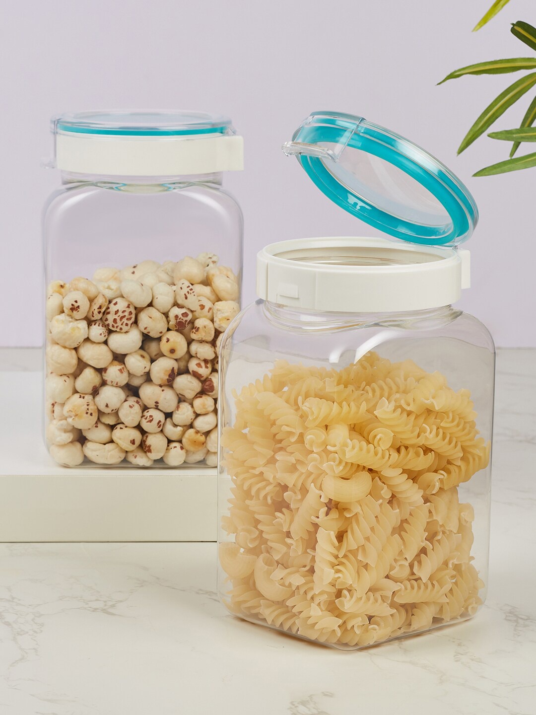 

HomeTown Flexo Set Of 2 Transparent & Teal Blue BPA Free Easy Lock Square Containers 1.4L