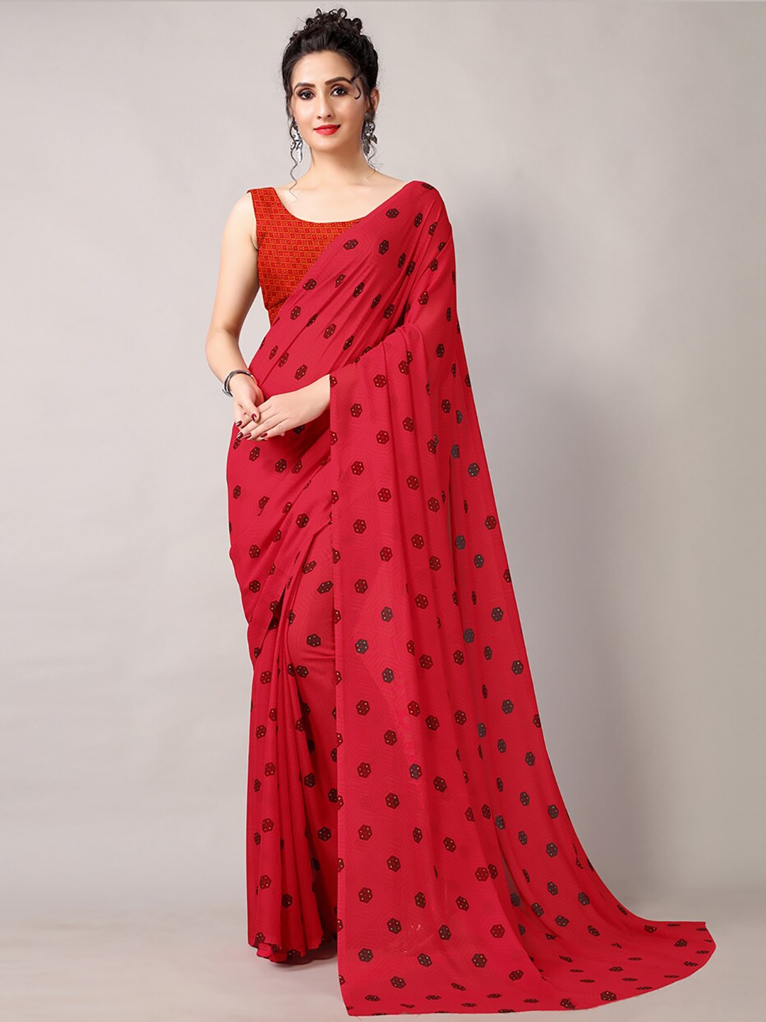 

HRITIKA Geometric Print Poly Georgette Saree, Red