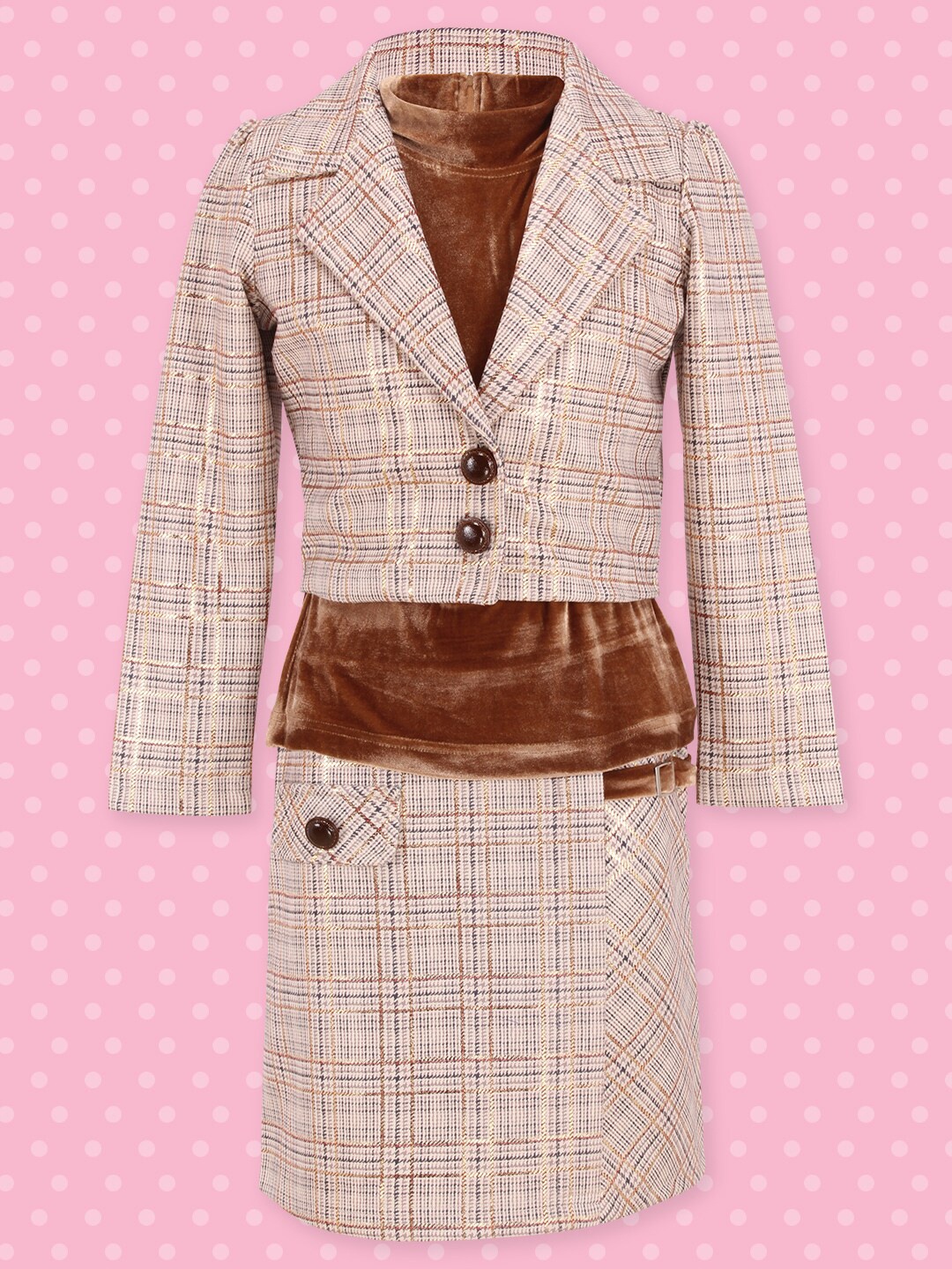 

CUTECUMBER Girls Checked Top with Skirt, Brown