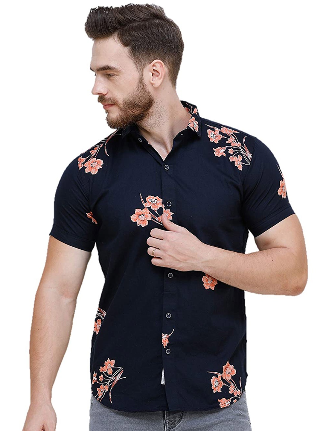 

COLVYNHARRIS JEANS Men Cotton Slim Fit Floral Printed Casual Shirt, Navy blue