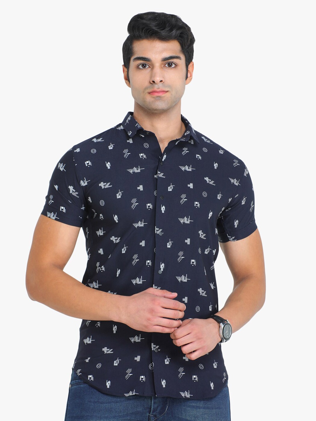 

COLVYNHARRIS JEANS Men Cotton Slim Fit Printed Casual Shirt, Navy blue