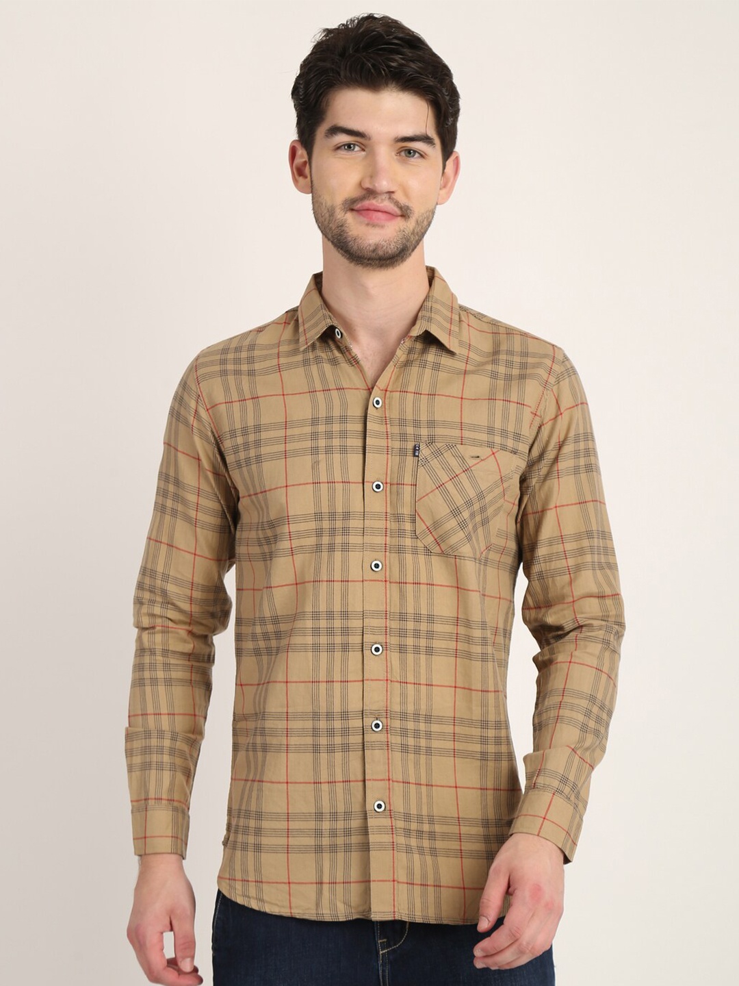 

COLVYNHARRIS JEANS Men Slim Fit Checked Casual Shirt, Camel brown